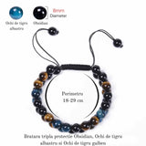 Bratara energetica cu tripla protectie, realizata din pietre semipretioase Obsidian, Ochi de tigru galben si Ochi de tigru albastru de 8 mm - bratara pentru noroc, protectie, stare de bine