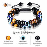 Bratara cu tripla protectie din pietre naturale 8mm Ochi de tigru natural, Obsidian negru si \\"Ochiul rau\\" - Pentru noroc si prosperitate, fericire