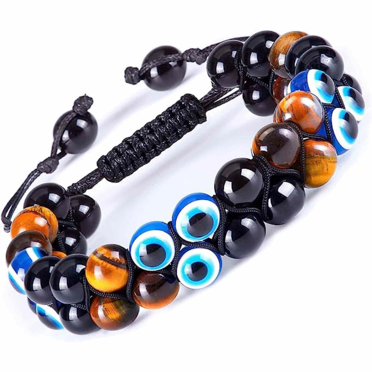 Bratara cu tripla protectie din pietre naturale 8mm Ochi de tigru natural, Obsidian negru si \\"Ochiul rau\\" - Pentru noroc si prosperitate, fericire