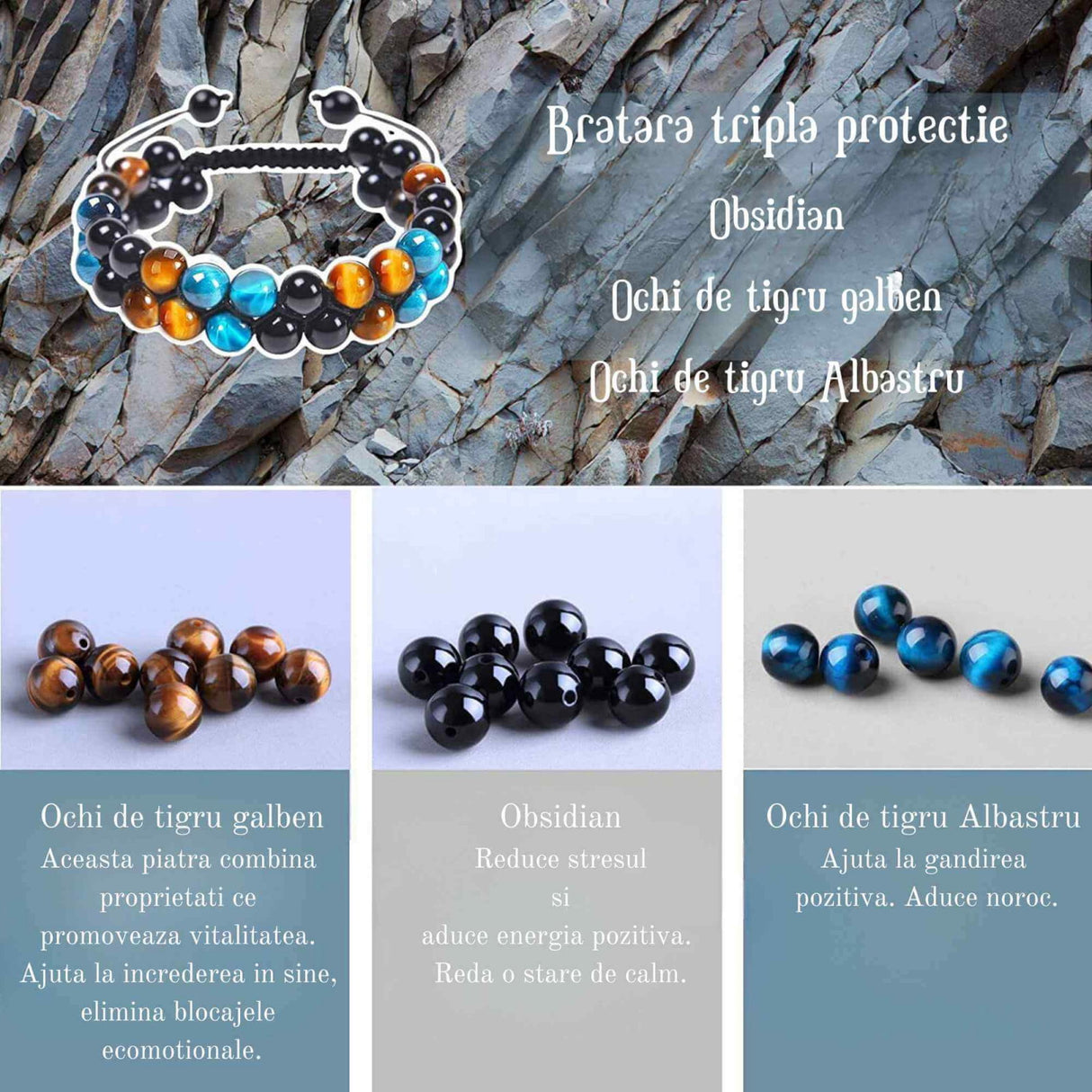 Bratara energetica cu tripla protectie, realizata din pietre semipretioase Obsidian, Ochi de tigru galben si Ochi de tigru albastru de 8 mm - bratara pentru noroc, protectie, stare de bine