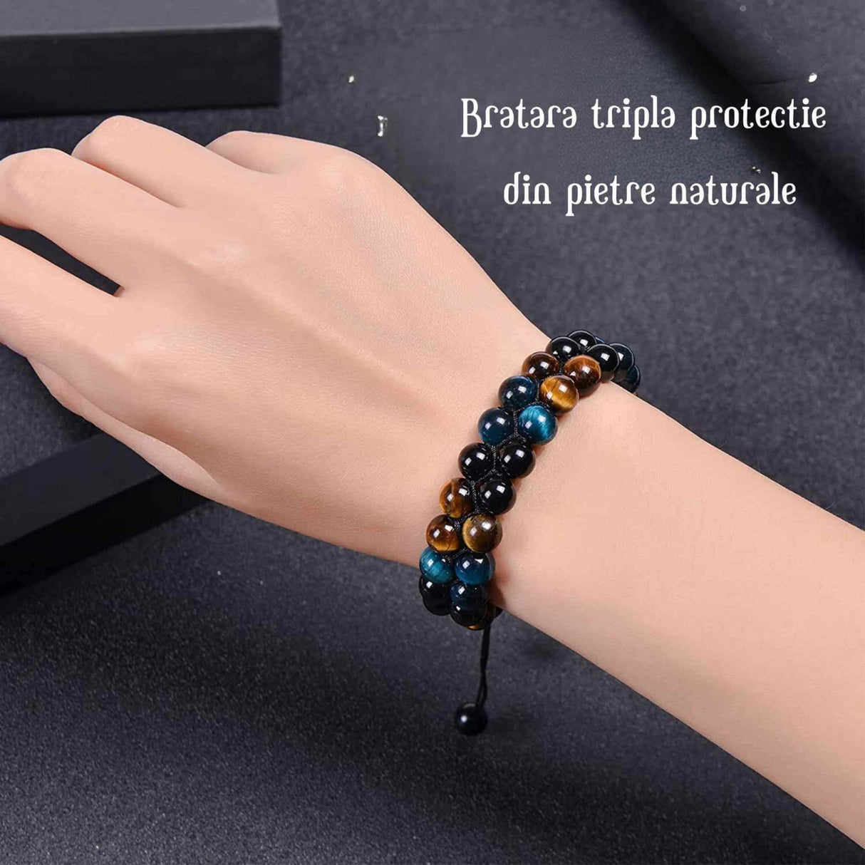Bratara energetica cu tripla protectie, realizata din pietre semipretioase Obsidian, Ochi de tigru galben si Ochi de tigru albastru de 8 mm - bratara pentru noroc, protectie, stare de bine