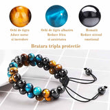 Bratara energetica cu tripla protectie, realizata din pietre semipretioase hematit, ochi de tigru galben si ochi de tigru albastru de 8 mm - bratara pentru energie, protectie, meditatie