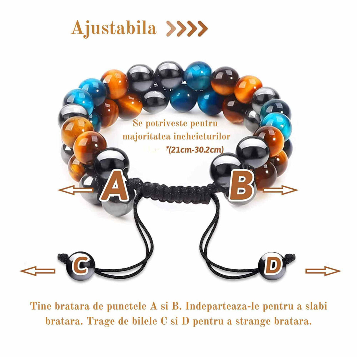 Bratara energetica cu tripla protectie, realizata din pietre semipretioase hematit, ochi de tigru galben si ochi de tigru albastru de 8 mm - bratara pentru energie, protectie, meditatie