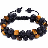 Bratara cu tripla protectie Ochi de tigru, onix negru mat si roca vulcanica - Margele de 8 mm, realizata manual pentru barbati si femei, aduce noroc, prosperitate si fericire