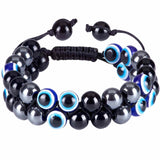 Bratara cu tripla protectie margele 8 mm cu "Ochiul rau", Obsidian negru si Hematit - Aduce noroc si bogatie