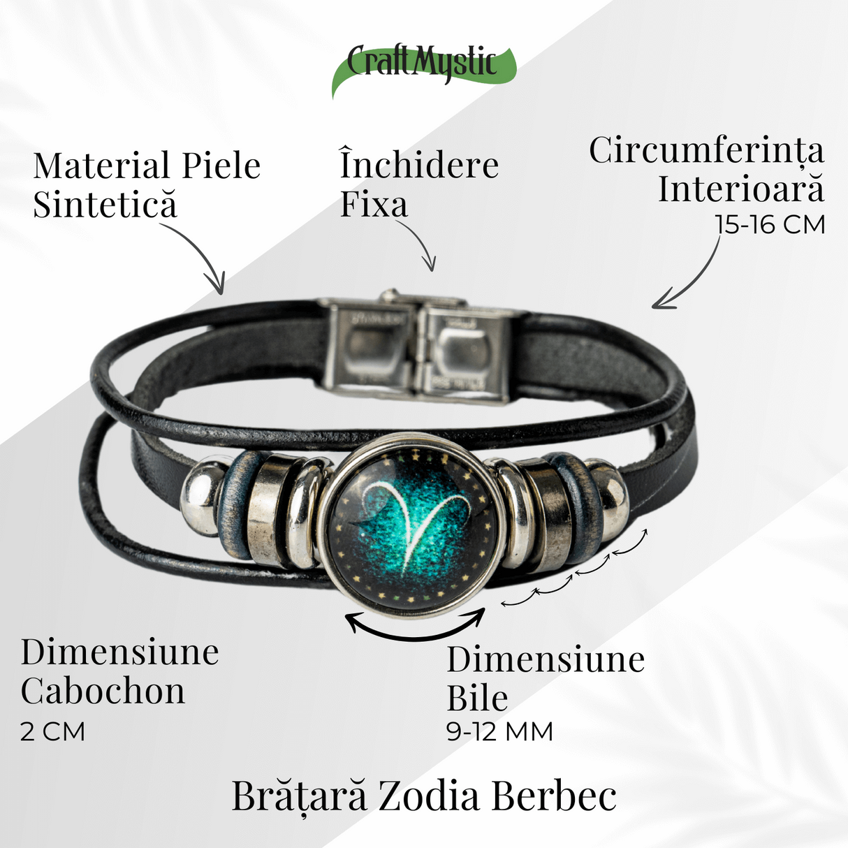 Bratara Fixa zodia Berbec din Piele Sintetica cu Cabochon Rotund - Semn Zodiacal Personalizat pentru Stil si Conexiune Astrologica