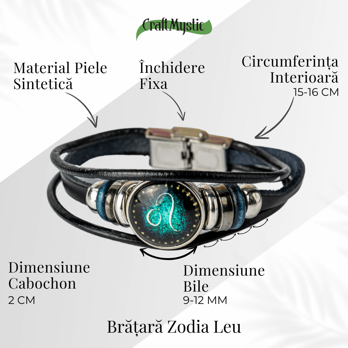 Bratara Fixa zodia Berbec din Piele Sintetica cu Cabochon Rotund - Semn Zodiacal Personalizat pentru Stil si Conexiune Astrologica