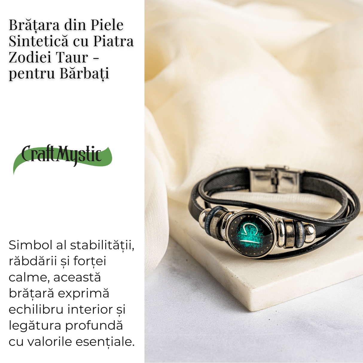 Bratara Fixa zodia Berbec din Piele Sintetica cu Cabochon Rotund - Semn Zodiacal Personalizat pentru Stil si Conexiune Astrologica