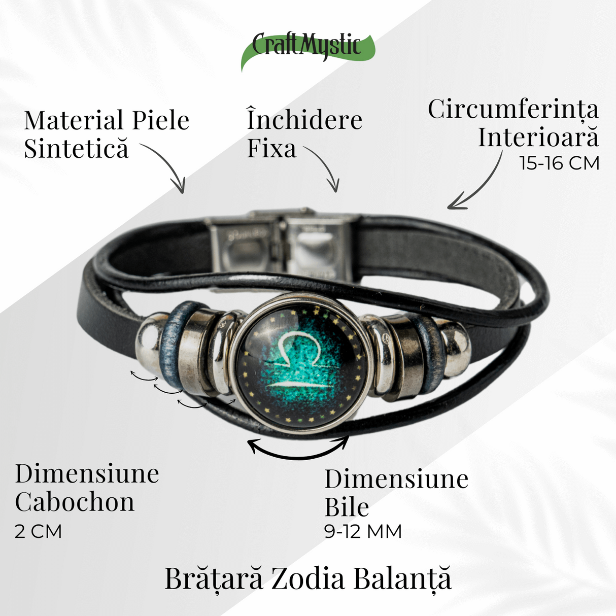Bratara Fixa zodia Berbec din Piele Sintetica cu Cabochon Rotund - Semn Zodiacal Personalizat pentru Stil si Conexiune Astrologica