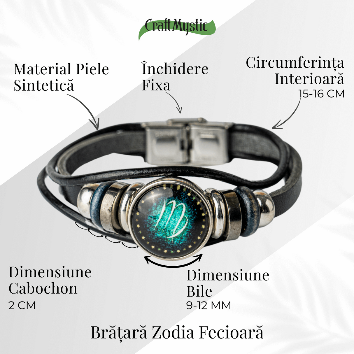 Bratara Fixa zodia Berbec din Piele Sintetica cu Cabochon Rotund - Semn Zodiacal Personalizat pentru Stil si Conexiune Astrologica