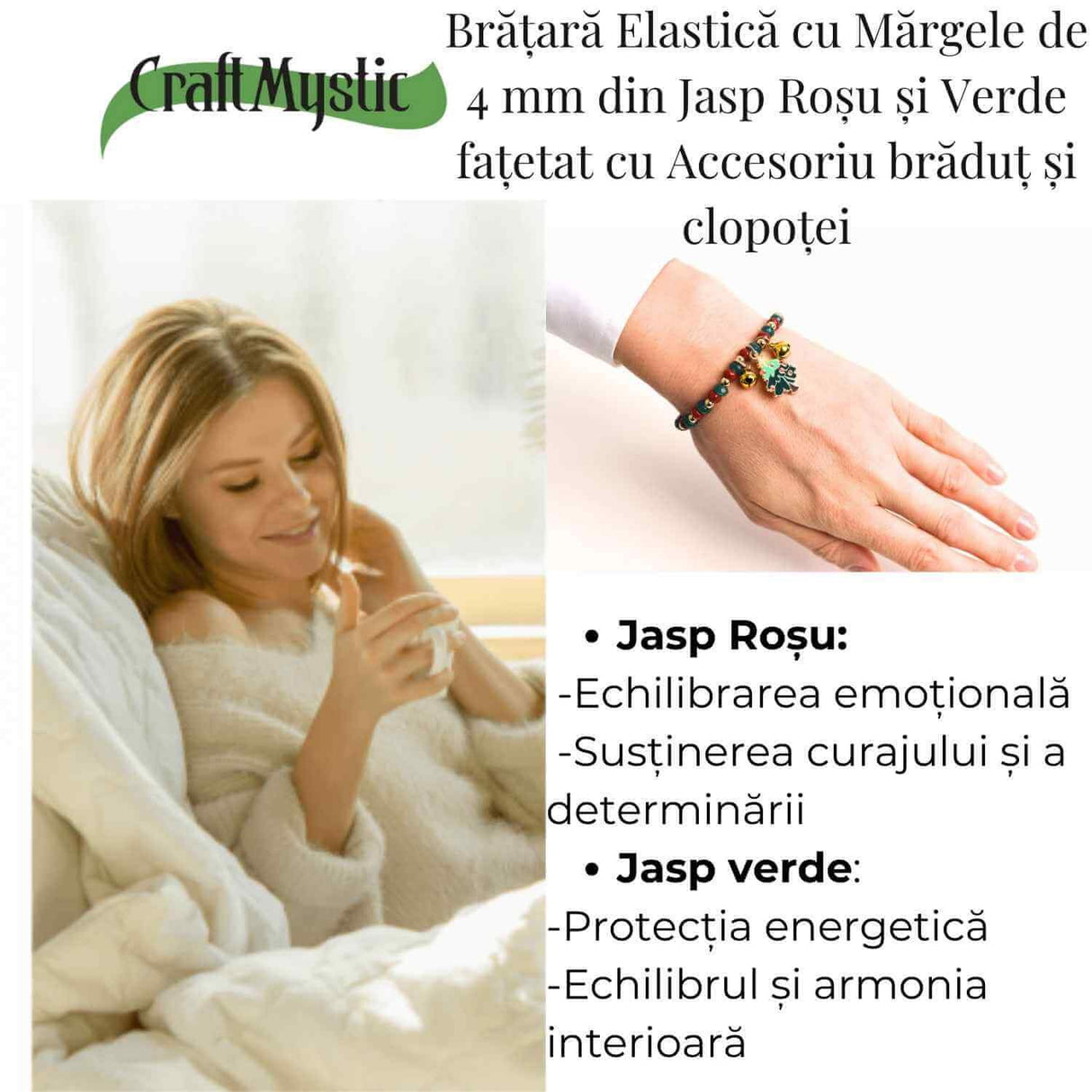 Bratara Jasp Rosu, Verde cu Bradut si Clopotei - Protectie si Echilibru