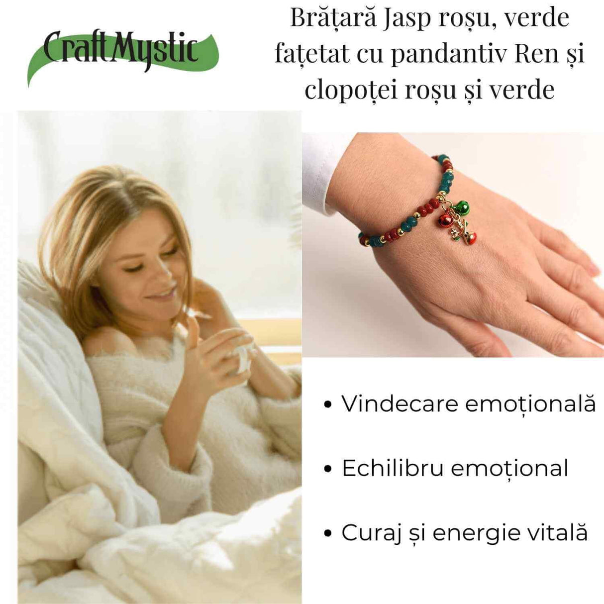 Bratara naturala Jasp rosu si verde fatetat cu accesoriu ren si clopotei - energie si eleganta