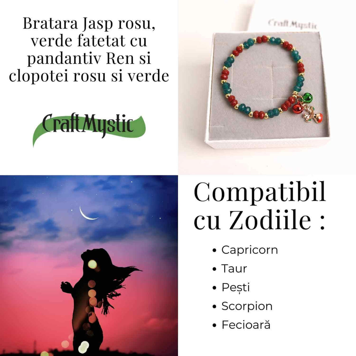 Bratara naturala Jasp rosu si verde fatetat cu accesoriu ren si clopotei - energie si eleganta