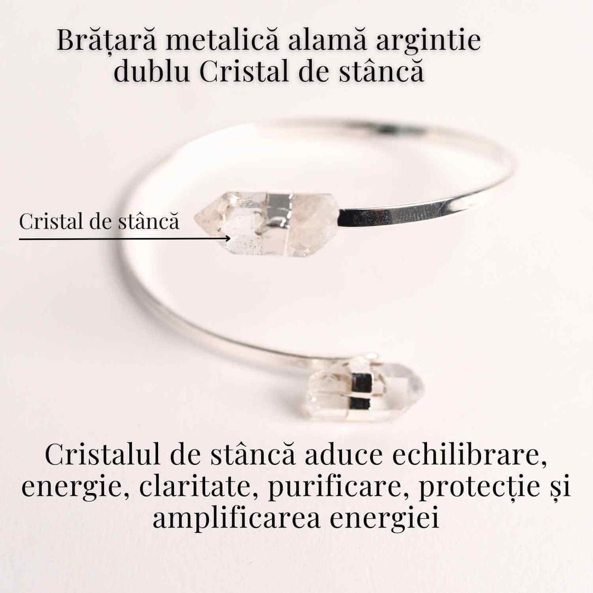 Bratara Metalica Argintie cu Dublu Cristal de Stanca, Claritate si Energie