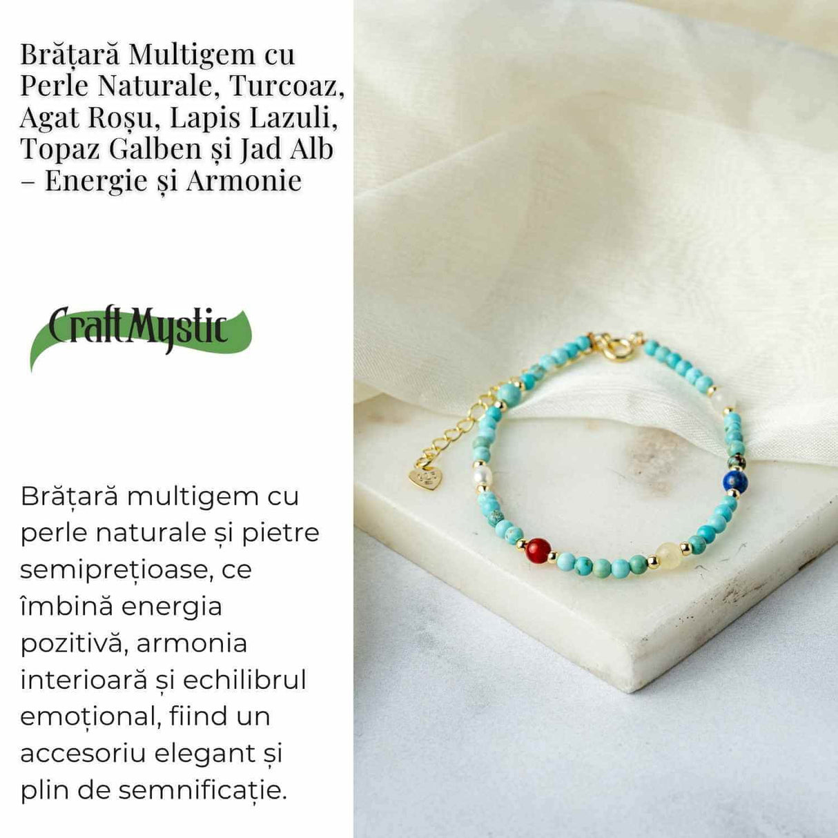 Bratara Multigem - Turcoaz, Agat Rosu, Lapis Lazuli, Jad Alb, Topaz Galben si Perla Naturala - Energie Pozitiva si Armonie