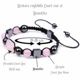 Bratara Ajustabila Impletita cu Margele din Cuart Roz si Hematit de 8mm si Forma de Piramida - Cadou Special