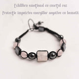Bratara Ajustabila Impletita cu Margele din Cuart Roz si Hematit de 8mm si Forma de Piramida - Cadou Special