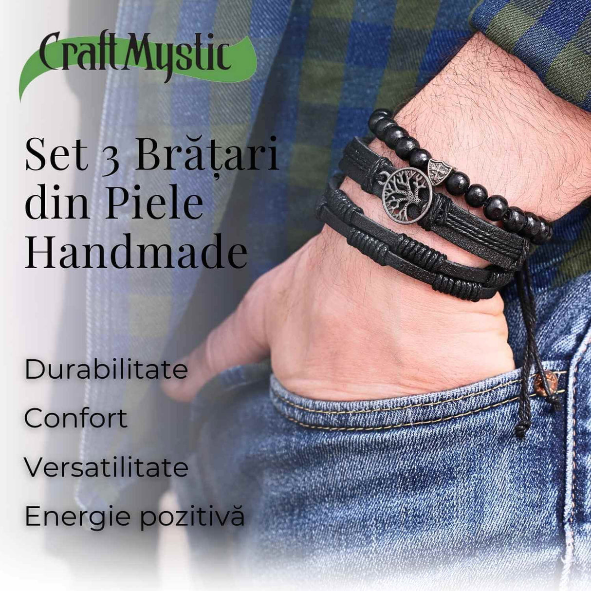 Set 3 Brățări Inedite cu Arborele Vieții si piele sintetica - Stil și Protecție pentru Orice Ocazie