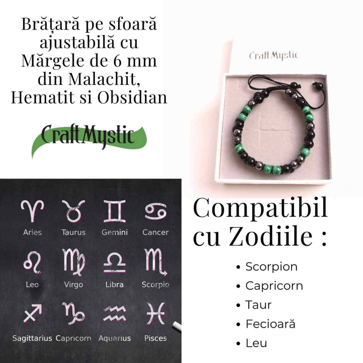 Bratara Tripla Protectie cu Cristale 6 mm de Malachit, Obsidian Negru si Hematit - Echilibru si Forta