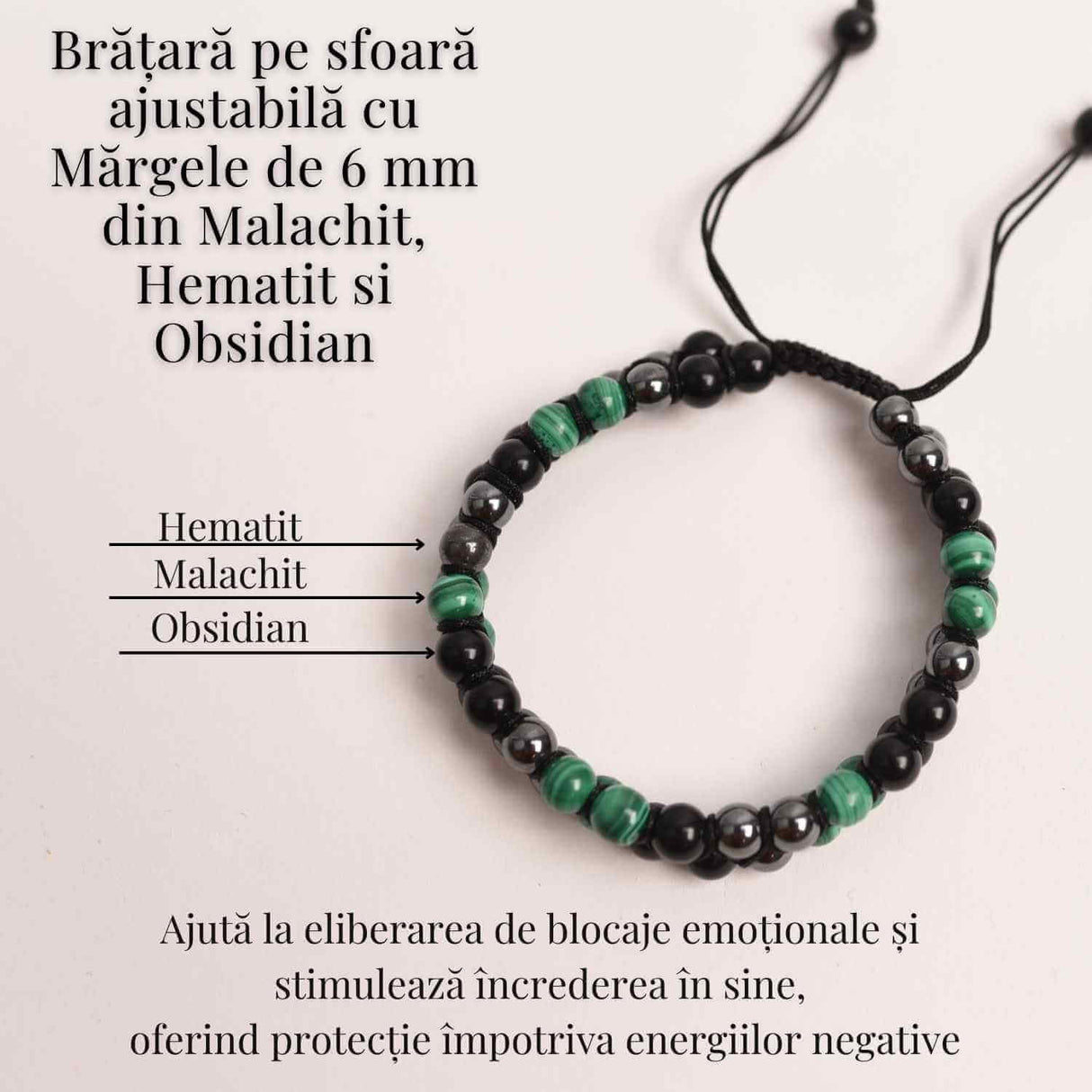 Bratara Tripla Protectie cu Cristale 6 mm de Malachit, Obsidian Negru si Hematit - Echilibru si Forta