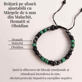 Bratara Tripla Protectie cu Cristale 6 mm de Malachit, Obsidian Negru si Hematit - Echilibru si Forta