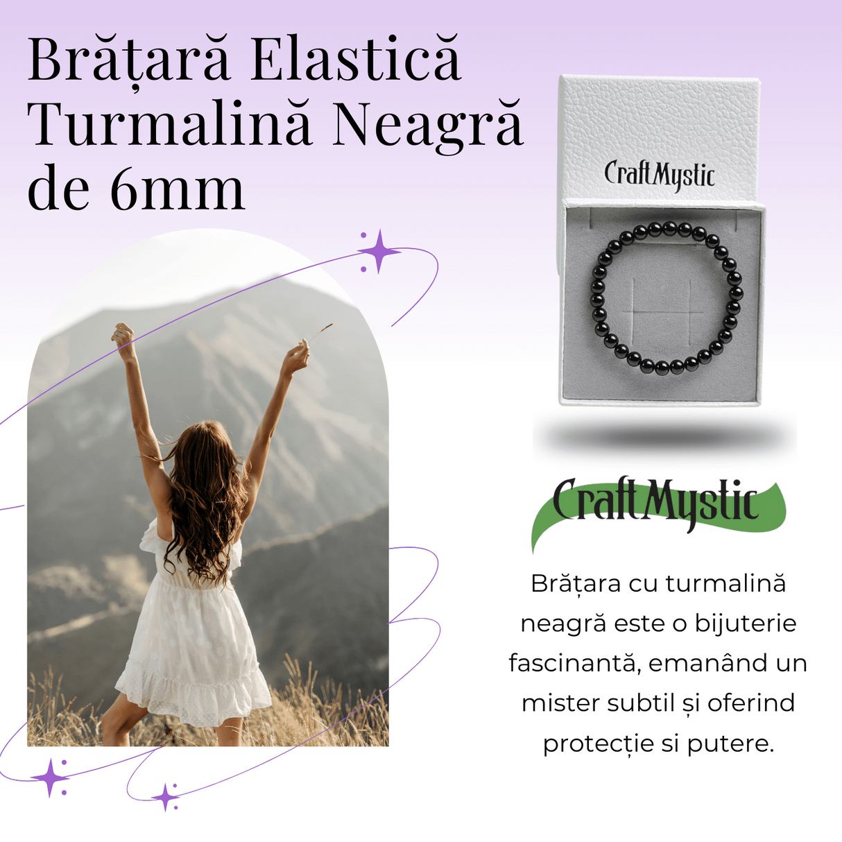Bratara Elastica cu Margele de Turmalina Neagra de 6mm - Talisman Protector si Stilat
