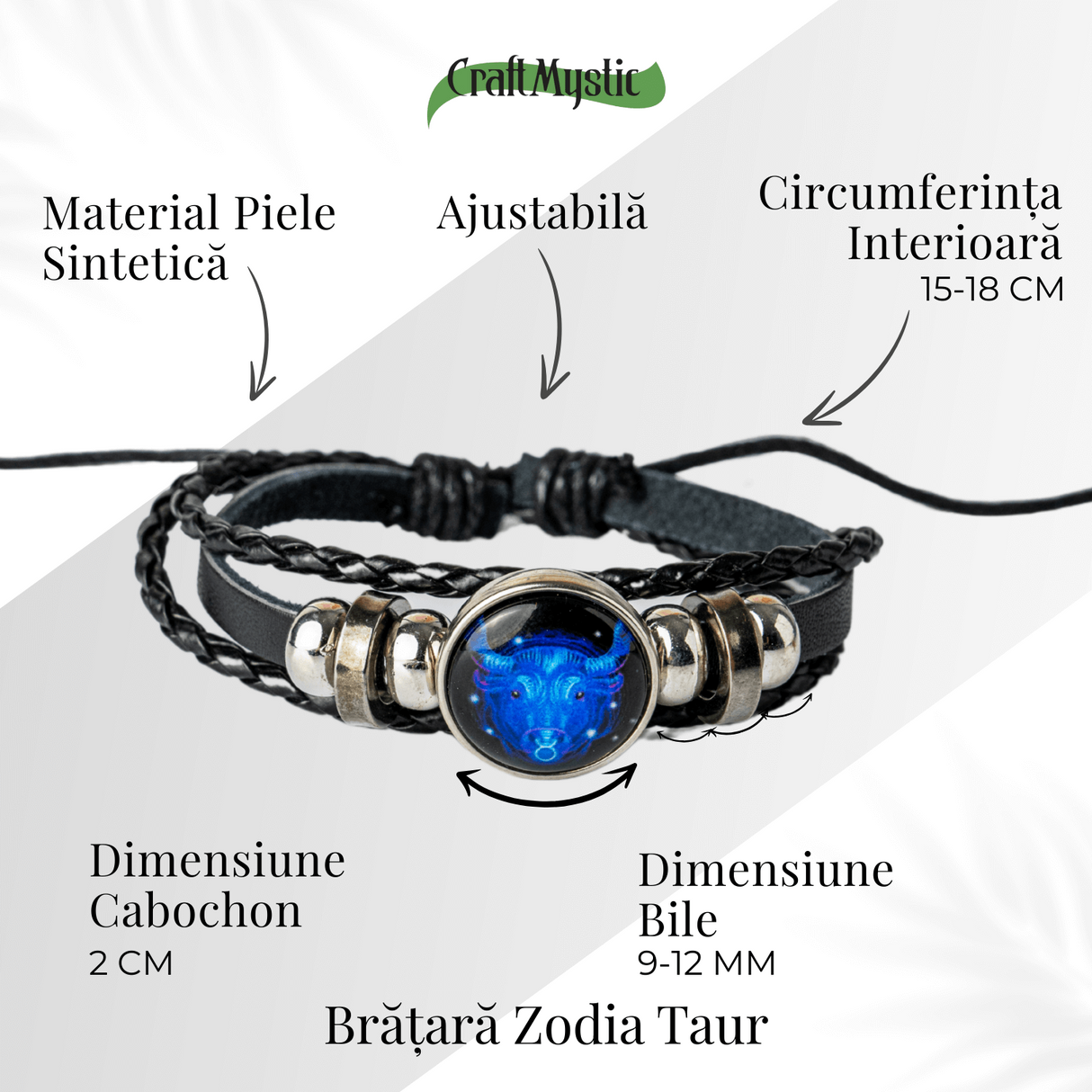 Bratara Zodia Berbec ajustabila din Piele Sintetica cu Cabochon Rotund - Simbol Astrologic Personalizat pentru Energie si Identitate Astrala