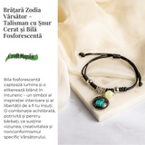 Bratara Zodiacala Ajustabila din Sfoara Cerata si Piele Sintetica - Cabochon Rotund cu Semn Zodiacal si Bila Fosforescenta