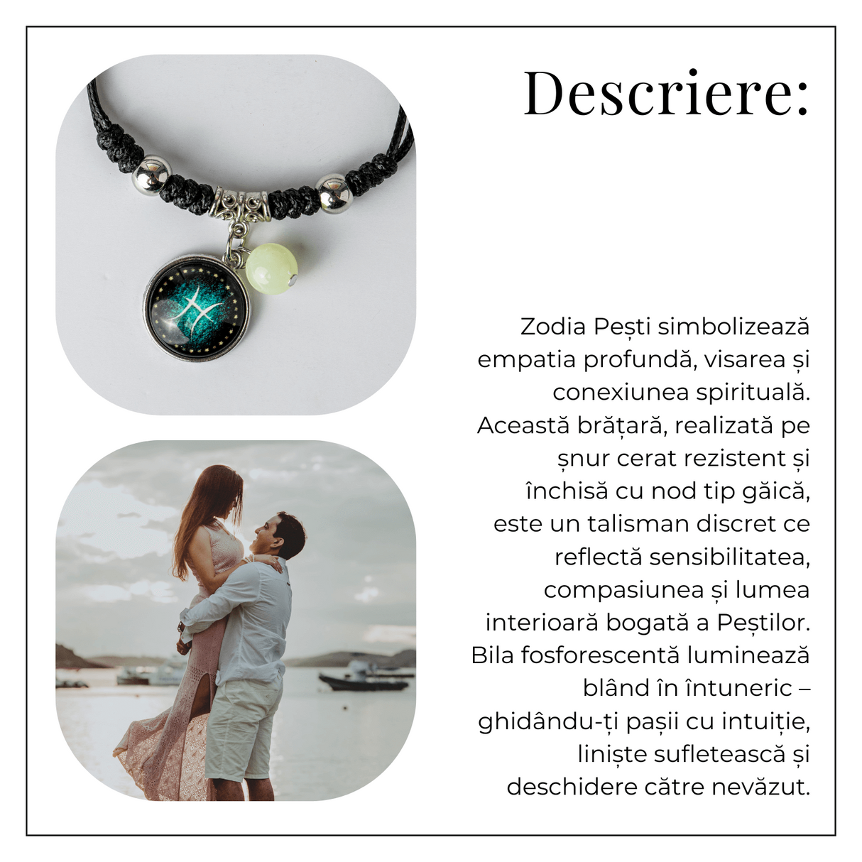 Bratara Zodiacala Ajustabila din Sfoara Cerata si Piele Sintetica - Cabochon Rotund cu Semn Zodiacal si Bila Fosforescenta