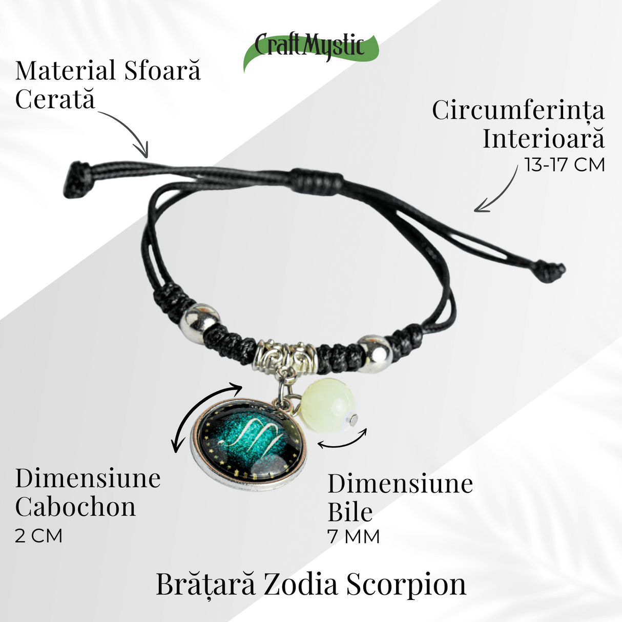 Bratara Zodiacala Ajustabila din Sfoara Cerata si Piele Sintetica - Cabochon Rotund cu Semn Zodiacal si Bila Fosforescenta