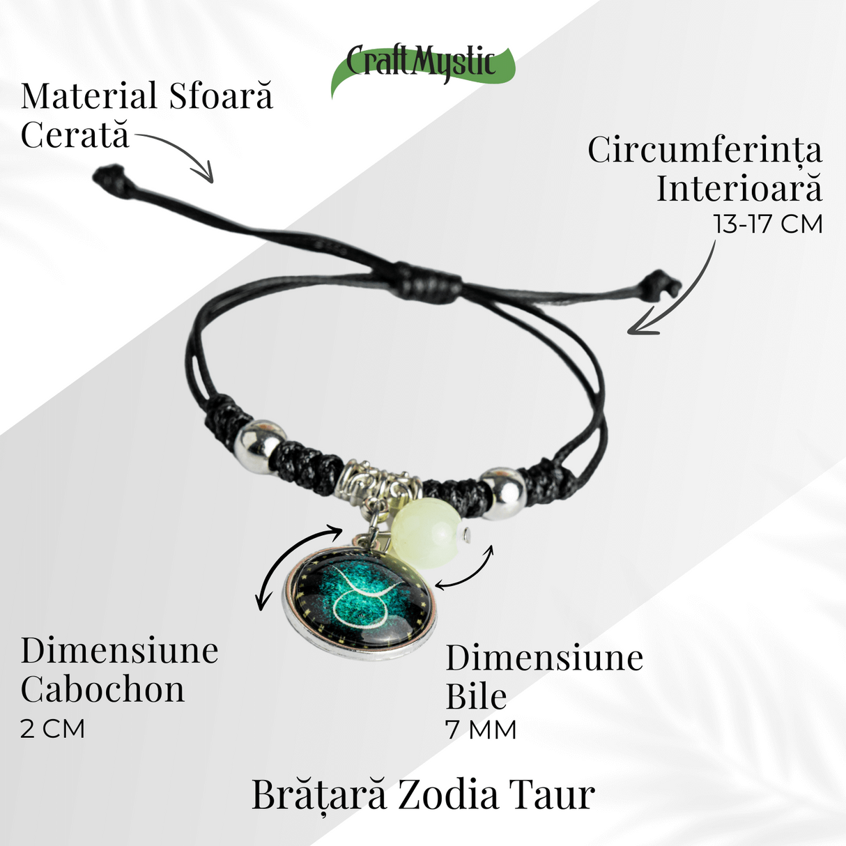 Bratara Zodiacala Ajustabila din Sfoara Cerata si Piele Sintetica - Cabochon Rotund cu Semn Zodiacal si Bila Fosforescenta
