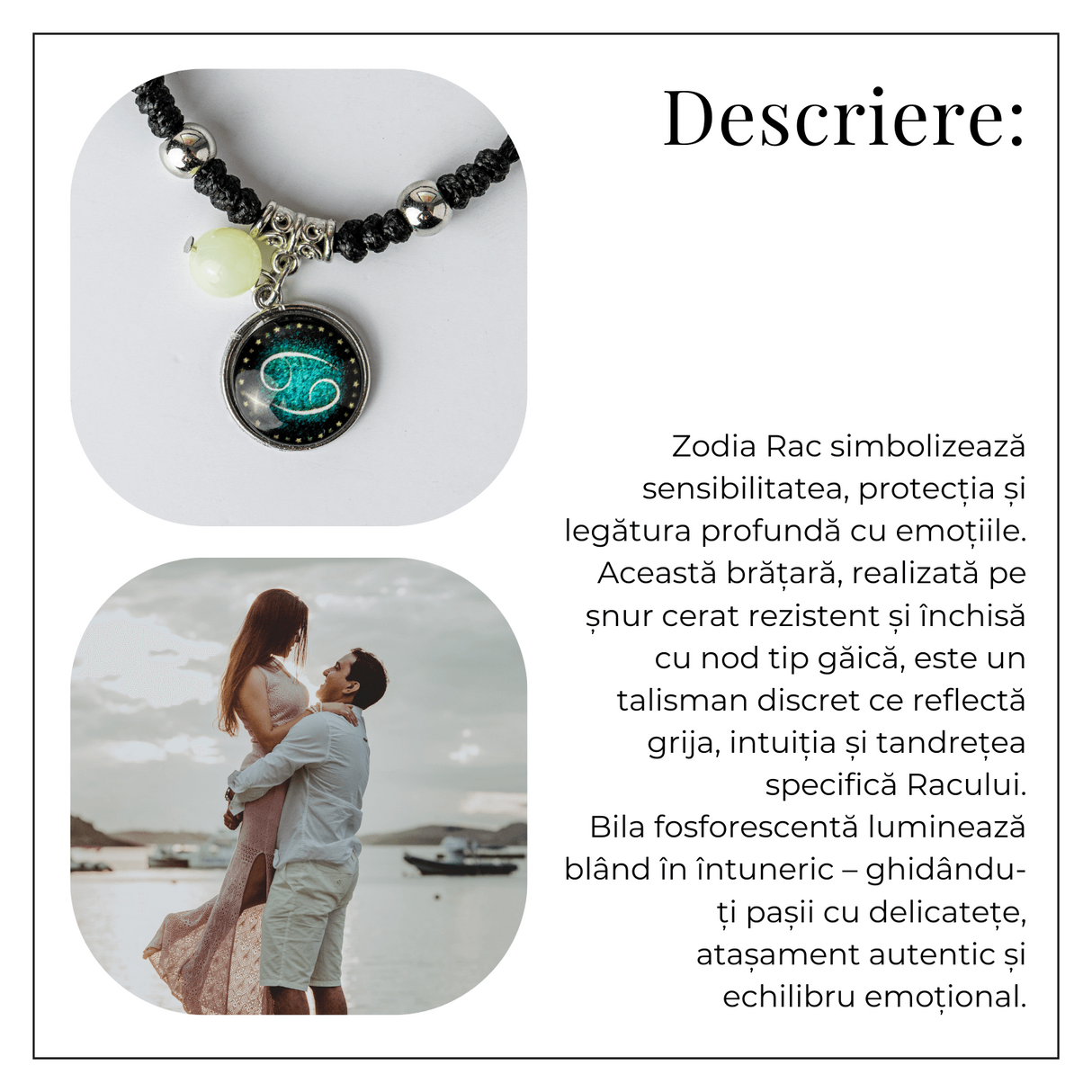 Bratara Zodiacala Ajustabila din Sfoara Cerata si Piele Sintetica - Cabochon Rotund cu Semn Zodiacal si Bila Fosforescenta