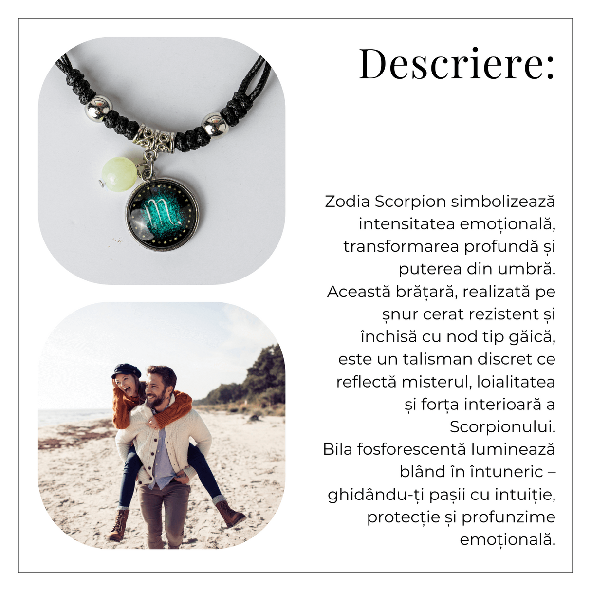 Bratara Zodiacala Ajustabila din Sfoara Cerata si Piele Sintetica - Cabochon Rotund cu Semn Zodiacal si Bila Fosforescenta