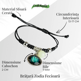 Bratara Zodiacala Ajustabila din Sfoara Cerata si Piele Sintetica - Cabochon Rotund cu Semn Zodiacal si Bila Fosforescenta
