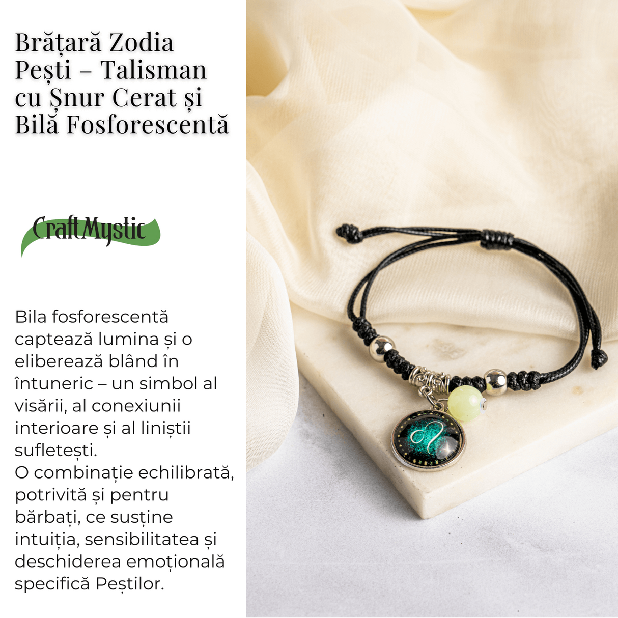 Bratara Zodiacala Ajustabila din Sfoara Cerata si Piele Sintetica - Cabochon Rotund cu Semn Zodiacal si Bila Fosforescenta