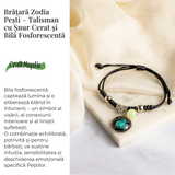Bratara Zodiacala Ajustabila din Sfoara Cerata si Piele Sintetica - Cabochon Rotund cu Semn Zodiacal si Bila Fosforescenta