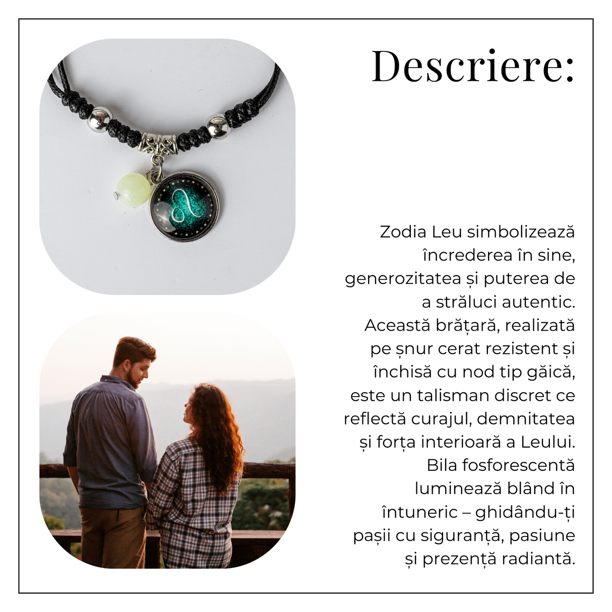 Bratara Zodiacala Ajustabila din Sfoara Cerata si Piele Sintetica - Cabochon Rotund cu Semn Zodiacal si Bila Fosforescenta