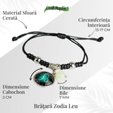 Bratara Zodiacala Ajustabila din Sfoara Cerata si Piele Sintetica - Cabochon Rotund cu Semn Zodiacal si Bila Fosforescenta