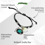 Bratara Zodiacala Ajustabila din Sfoara Cerata si Piele Sintetica - Cabochon Rotund cu Semn Zodiacal si Bila Fosforescenta