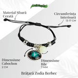 Bratara Zodiacala Ajustabila din Sfoara Cerata si Piele Sintetica - Cabochon Rotund cu Semn Zodiacal si Bila Fosforescenta