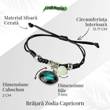 Bratara Zodiacala Ajustabila din Sfoara Cerata si Piele Sintetica - Cabochon Rotund cu Semn Zodiacal si Bila Fosforescenta
