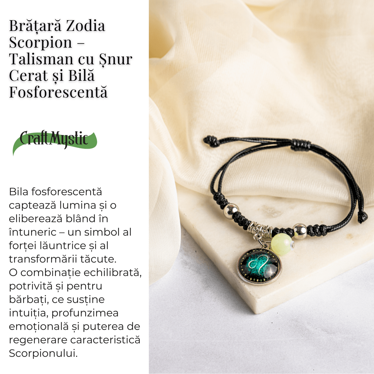 Bratara Zodiacala Ajustabila din Sfoara Cerata si Piele Sintetica - Cabochon Rotund cu Semn Zodiacal si Bila Fosforescenta