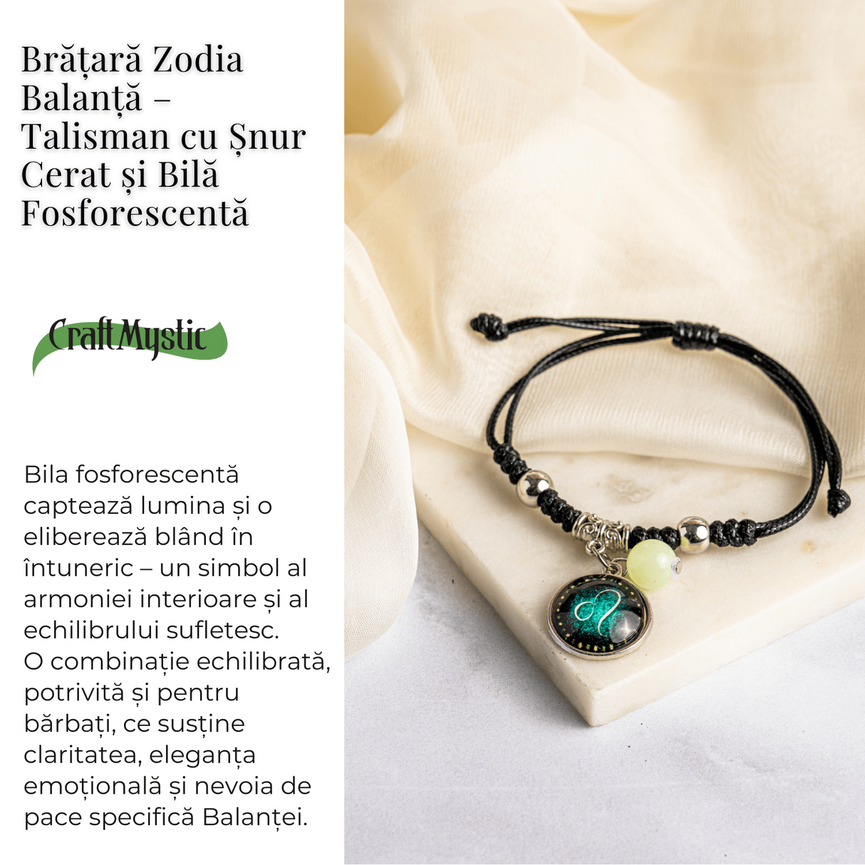 Bratara Zodiacala Ajustabila din Sfoara Cerata si Piele Sintetica - Cabochon Rotund cu Semn Zodiacal si Bila Fosforescenta