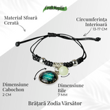 Bratara Zodiacala Ajustabila din Sfoara Cerata si Piele Sintetica - Cabochon Rotund cu Semn Zodiacal si Bila Fosforescenta