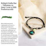 Bratara Zodiacala Ajustabila din Sfoara Cerata si Piele Sintetica - Cabochon Rotund cu Semn Zodiacal si Bila Fosforescenta