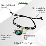 Bratara Zodiacala Ajustabila din Sfoara Cerata si Piele Sintetica - Cabochon Rotund cu Semn Zodiacal si Bila Fosforescenta