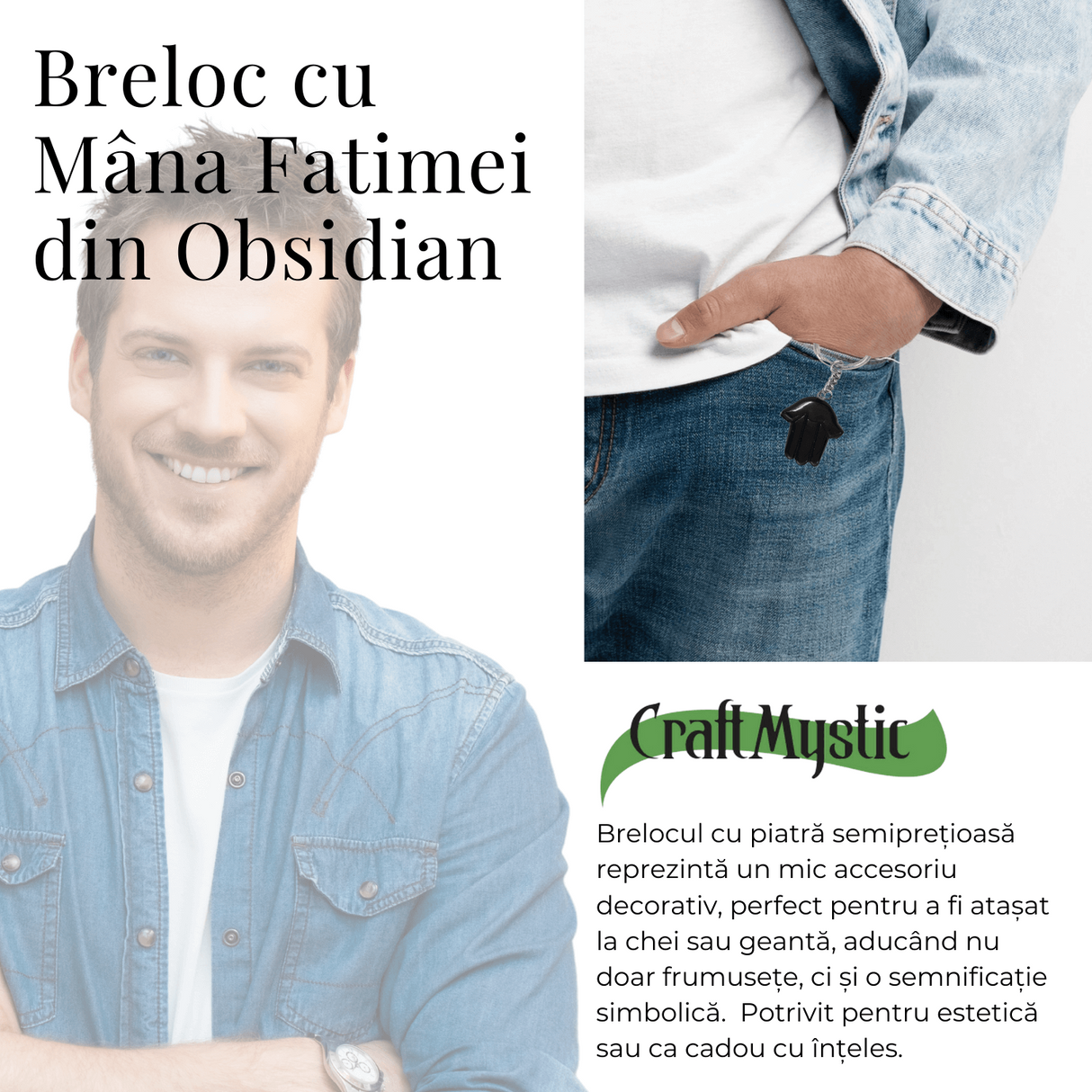 Breloc cu Mana Fatimei - Protectie, Noroc si Energie Pozitiva - Obsidian