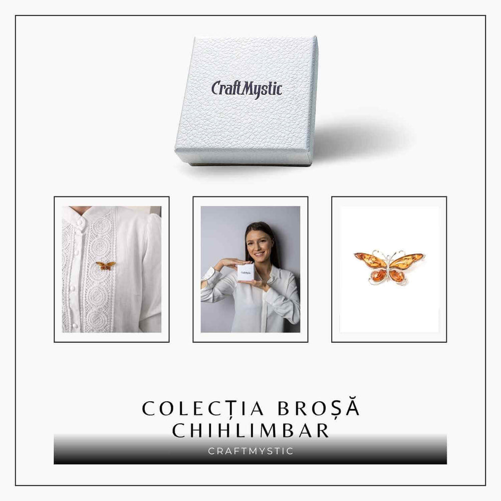 Brosa fluture chihlimbar rosu si argint 925 - detaliu rafinat pentru o prezenta calma