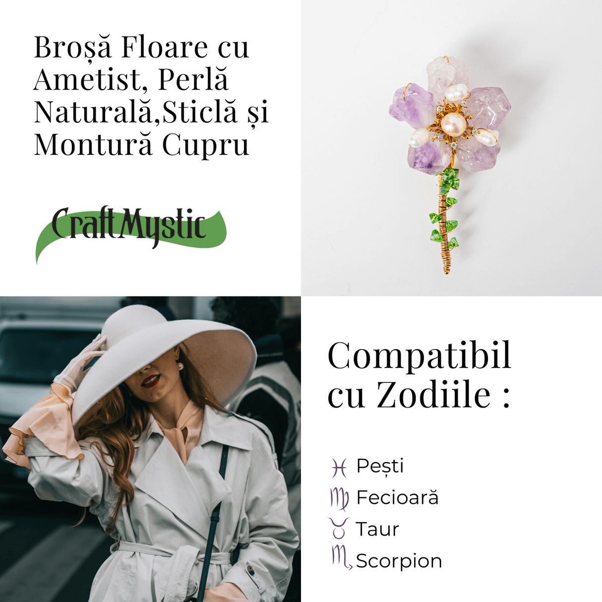Brosa Floare Ametist cu Perla Naturala si Montura Cupru - Eleganta si Energie Pozitiva