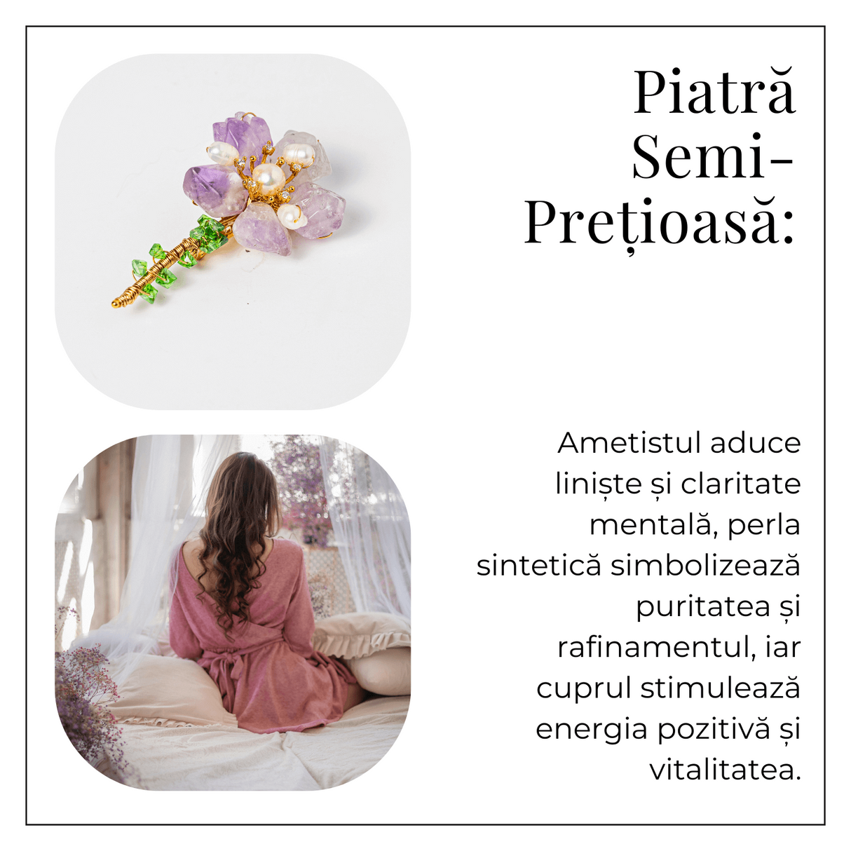 Brosa Floare Ametist cu Perla Naturala si Montura Cupru - Eleganta si Energie Pozitiva